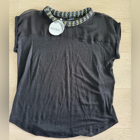 NWT KOOKAI 100% linen top with mesh and embroidered collar size T2 (US medium) - Picture 1 of 7